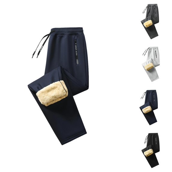 Lined Sweatpants for Men Winter Elastic Waist Drawstring Relaxed Fit Wide Leg Casual Thermal Pants with Pockets