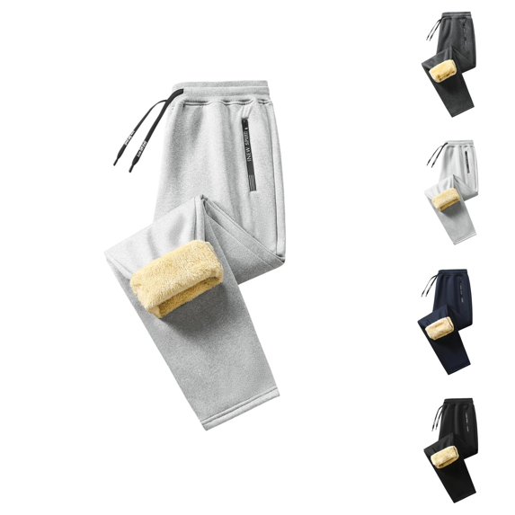 Lined Sweatpants for Men Winter Elastic Waist Drawstring Relaxed Fit Wide Leg Casual Thermal Pants with Pockets