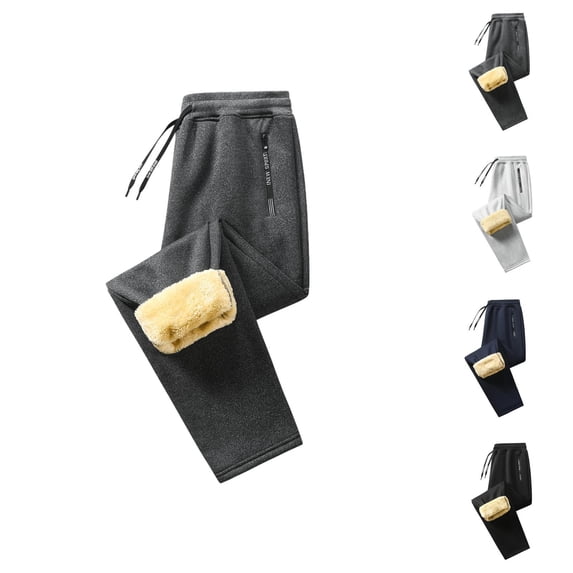 Lined Sweatpants for Men Winter Elastic Waist Drawstring Relaxed Fit Wide Leg Casual Thermal Pants with Pockets