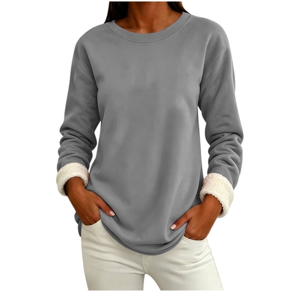 Fleece Lined Sweatshirt Women Thick Warm Crew Neck Solid Print Long Sleeve Pullover Tops