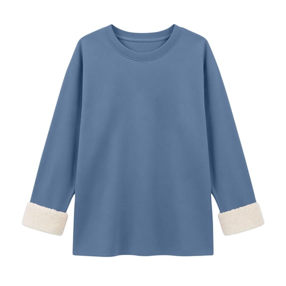 Fleece Lined Sweatshirt Women Thick Warm Crew Neck Solid Print Long Sleeve Pullover Tops