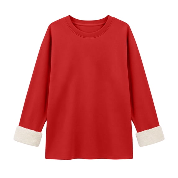 Fleece Lined Sweatshirt Women Thick Warm Crew Neck Solid Print Long Sleeve Pullover Tops
