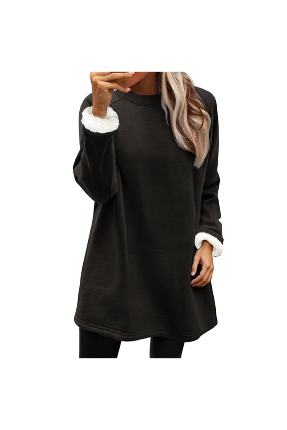 Fleece Lined Sweatshirt Women, Yigetop Sweatshirt for Women Fall Winter Tops Long Sleeve Shirts Oversized Tshirts Round Neck Pullover Sweatshirts for Women Black 2XL