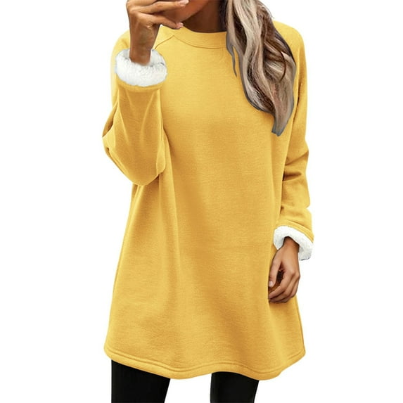 Fleece Lined Sweatshirt Women, Yigetop Sweatshirt for Women Fall Winter Tops Long Sleeve Shirts Oversized Tshirts Round Neck Pullover Sweatshirts for Women Yellow M