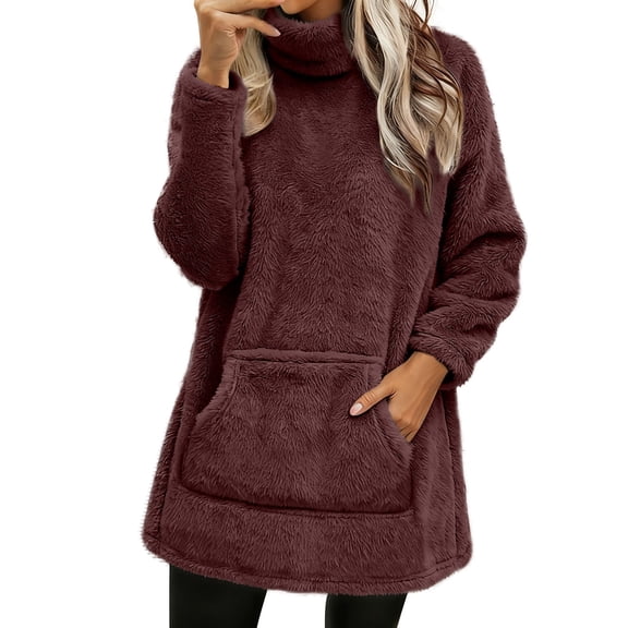 Fleece Lined Sweatshirt, Yigetop Women's Winter Warm Turtleneck Sweater Oversized Chunky Knitted Pullover Basic Jumper Top Turtle Neck Sweatshirts Women, Wine S