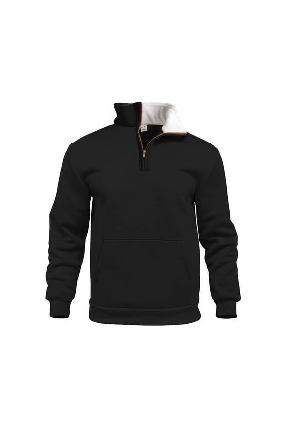 Fleece Lined Sweatshirts for Men with Zipper Collared and Pocket No Hood Shirts Mens Casual Color Block Pullover Long Sleeve Warm Work Sweatshirt Tops