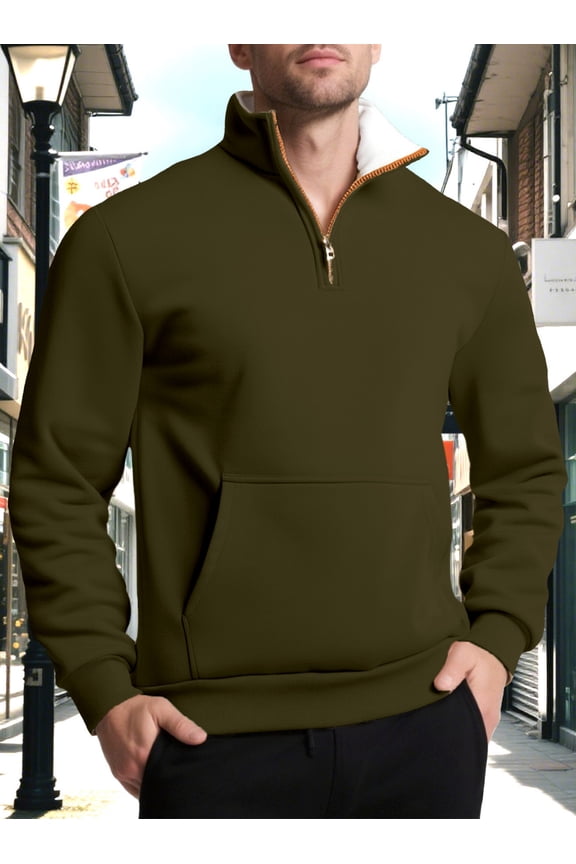 Fleece Lined Sweatshirts for Men with Zipper Collared and Pocket No Hood Shirts Mens Casual Color Block Pullover Long Sleeve Warm Work Sweatshirt Tops