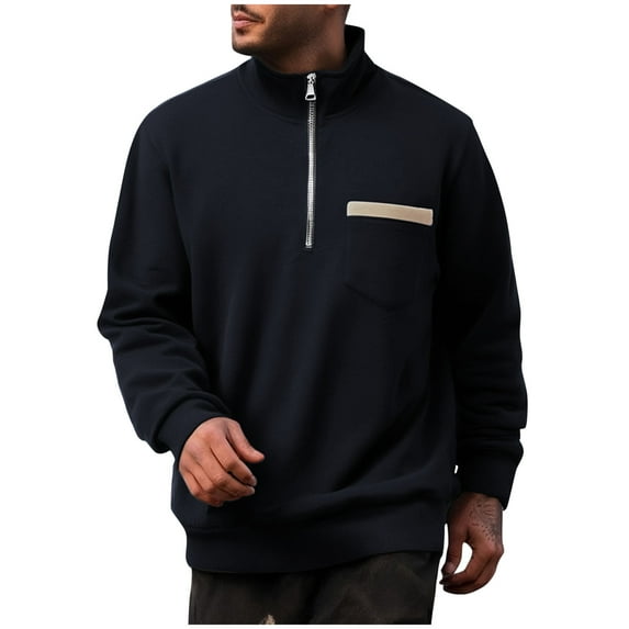 Fleece Lined Sweatshirts for Men with Zipper and Pocket Long Sleeve Shirts Mens Casual Solid Color Pullover Mock Neck Athletic Workout Sweatshirt Tops