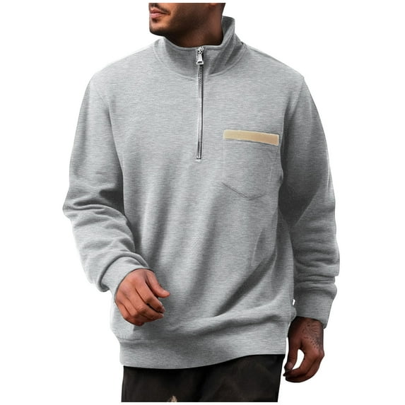 Fleece Lined Sweatshirts for Men with Zipper and Pocket Long Sleeve Shirts Mens Casual Solid Color Pullover Mock Neck Athletic Workout Sweatshirt Tops