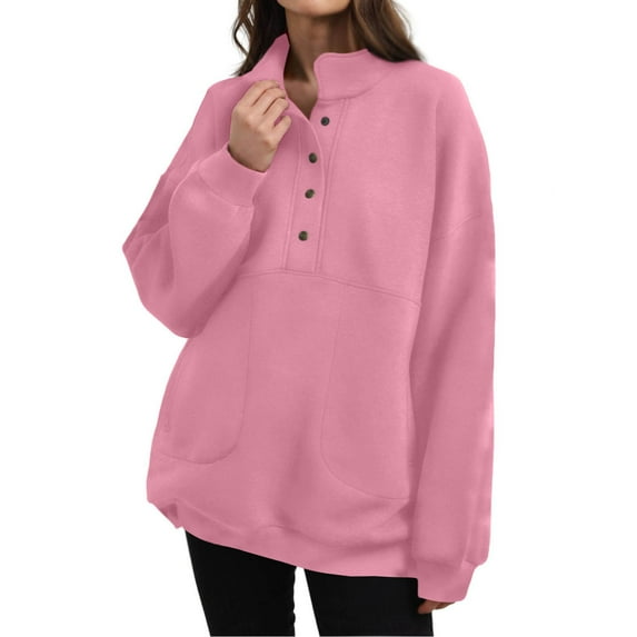 Fleece Lined Sweatshirts Womens Oversized Solid Pullover 1/2 Button Casual Long Sleeve Fall Tops with Pockets (XL, Pink)