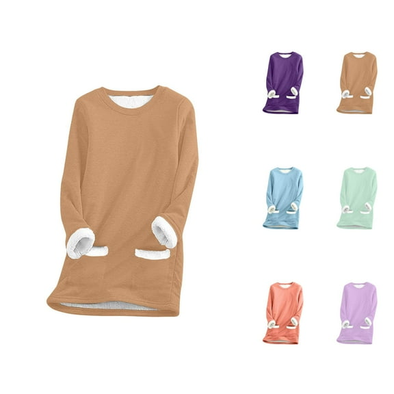 Lined Sweatshirts for Women 2025 Long Sleeve Crewneck Plain Fuzzy Sweatshirt with Pockets Pullover Tops