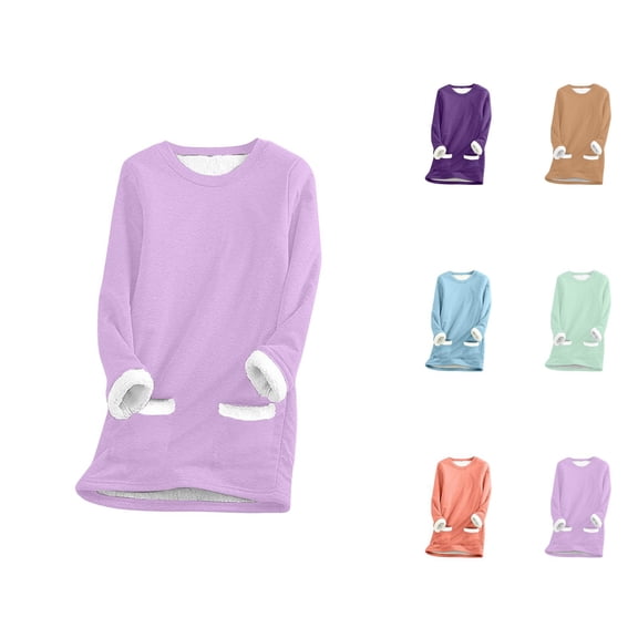 Lined Sweatshirts for Women 2025 Long Sleeve Crewneck Plain Fuzzy Sweatshirt with Pockets Pullover Tops