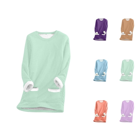Lined Sweatshirts for Women 2025 Long Sleeve Crewneck Plain Fuzzy Sweatshirt with Pockets Pullover Tops
