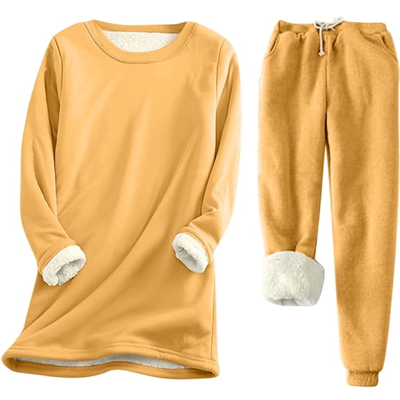 Fleece Lined Thermal 2 Piece Sets Pullover Sweatshirt Top and Pant Warm Underwear Suit Sherpa Pajamas Lounge Outfits (XX-Large, Yellow A)