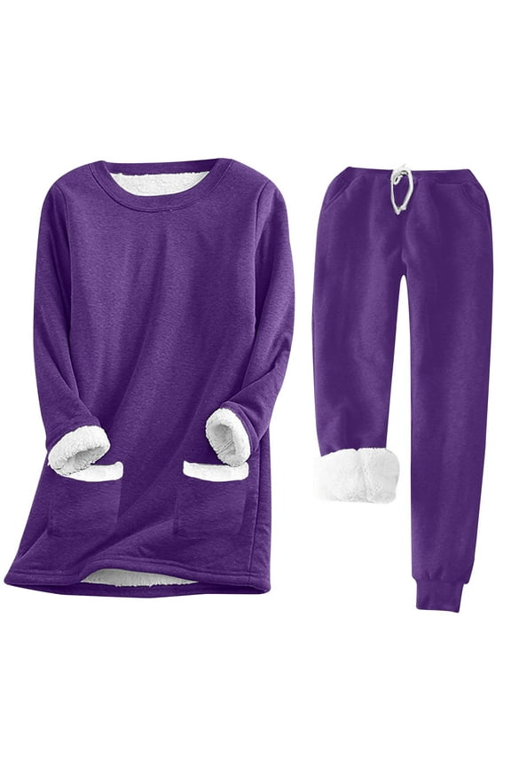 Fleece Lined Thermal 2 Piece Sets Sweatsuits Pullover Sweatshirt Top and Pant Warm Underwear Suit Sherpa Pajamas (Purple, Small)