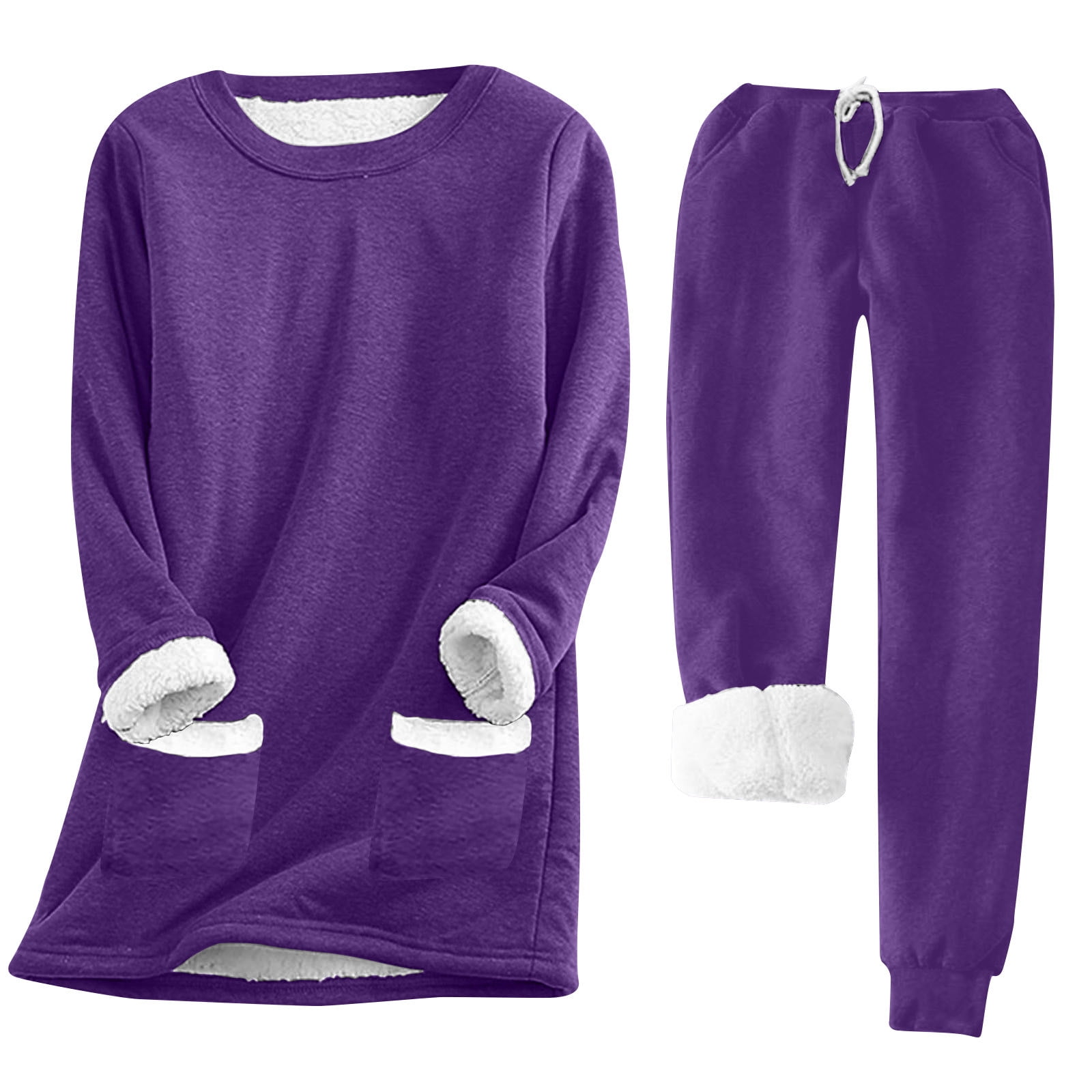 Fleece Lined Thermal 2 Piece Sets Sweatsuits Pullover Sweatshirt Top and Pant Warm Underwear Suit Sherpa Pajamas Purple X Large