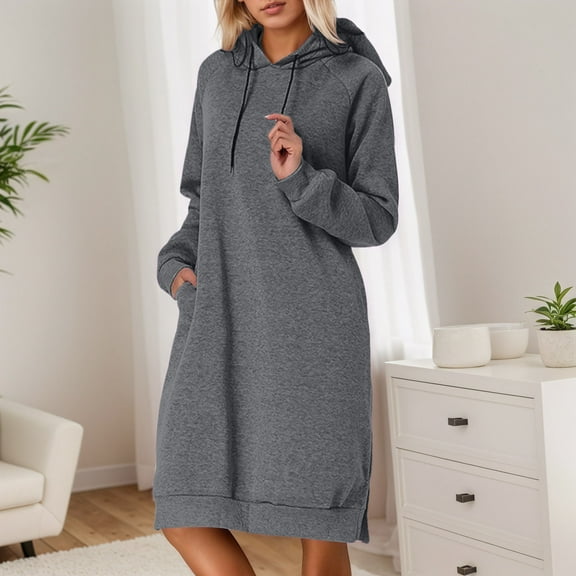 Lined Thickening Dresses For Women 2025 Fall Winter Fashion Midi Length Hooded with Drawstring and Pocket Pullover Dress Long Sleeve Casual (GY2,L)