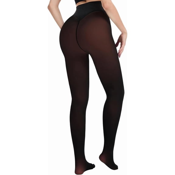 Fleece Lined Tights One - Women's High Waist Thermal Butt-Lifting Pantyhose, Warm Sheer Winter Tights with Fleece Interior