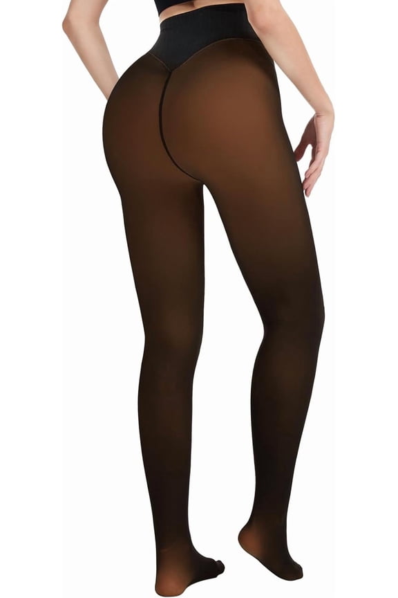 Fleece Lined Tights One - Women's High Waist Thermal Butt-Lifting Pantyhose, Warm Sheer Winter Tights with Fleece Interior