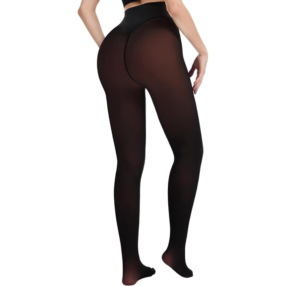 Fleece Lined Tights One - Women's High Waist Thermal Butt-Lifting Pantyhose, Warm Sheer Winter Tights with Fleece Interior