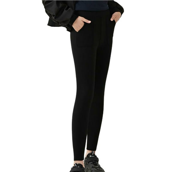 Fleece Lined Tights Pants for Teen Girls Winter Warm High Waisted Yoga Pants Loungewear Sports Leggings with Pockets Black 14-15Y
