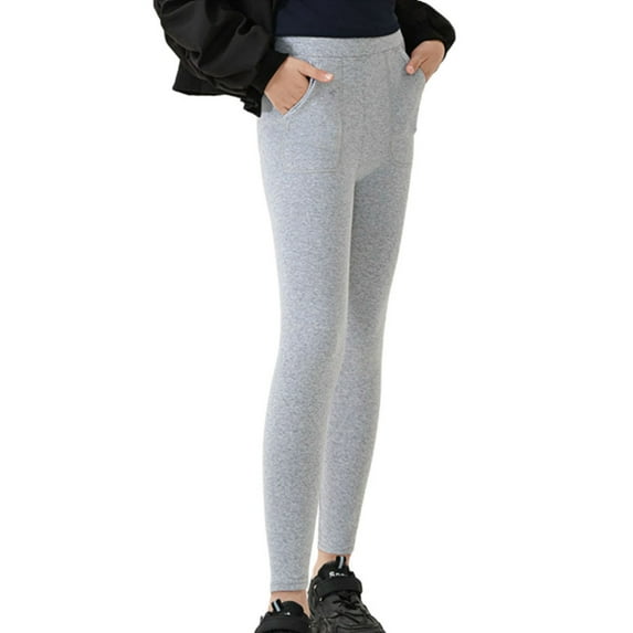 Fleece Lined Tights Pants for Teen Girls Winter Warm High Waisted Yoga Pants Loungewear Sports Leggings with Pockets Gray 10-11Y