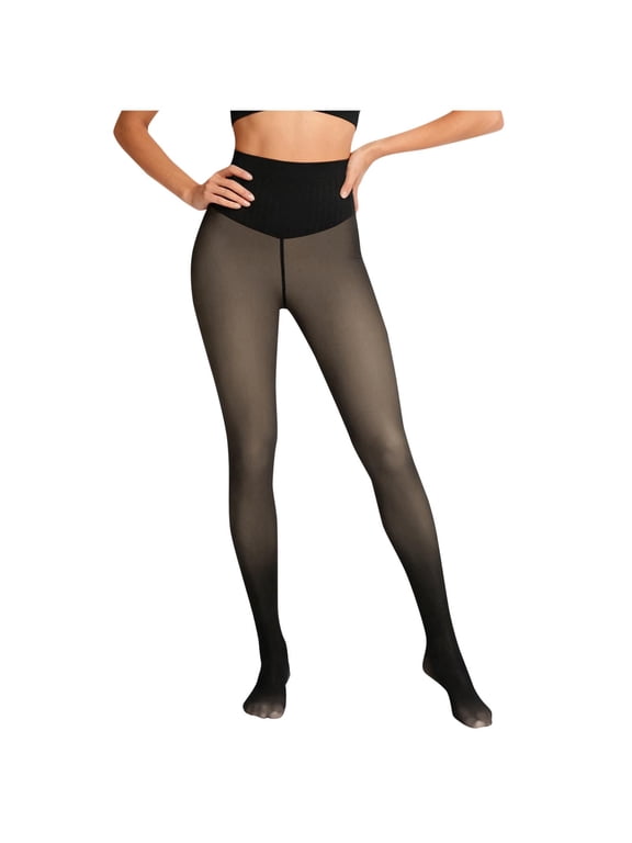 Fleece Lined Tights Women 220G Thick Stretch Warm Leggings Pantyhose Fake-Translucent High Waist Winter Pant (M, Khaki)