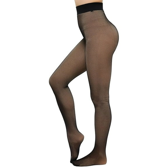 Fleece Lined Warm Fishnet Tights, High Waist Wide Waistband Faux-Sheer Thermal Winter Pantyhose, Thick Fake Translucent Black Plus Size XL CHIRRUPY CHIEF