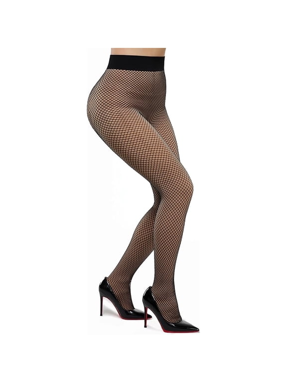 Fleece Lined Warm Fishnet Tights, High Waist Wide Waistband Faux-Sheer Thermal Winter Pantyhose, Thick Fake Translucent Black S-L CHIRRUPY CHIEF