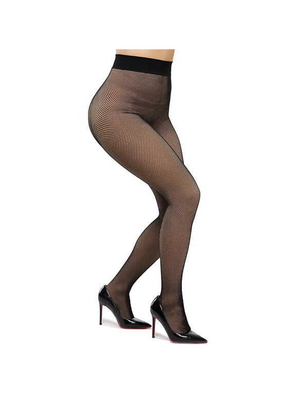 Fleece Lined Warm Fishnet Tights, High Waist Wide Waistband Faux-Sheer Thermal Winter Pantyhose, Thick Fake Translucent Black S-L CHIRRUPY CHIEF