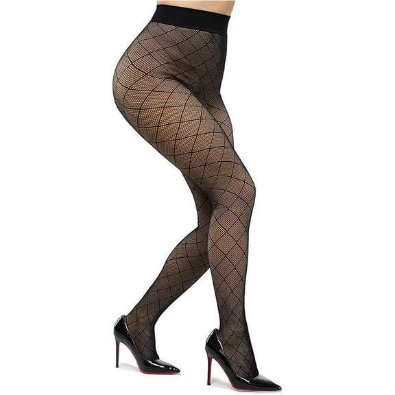 Fleece Lined Warm Fishnet Tights, High Waist Wide Waistband Faux-Sheer Thermal Winter Pantyhose, Thick Fake Translucent Black S-L CHIRRUPY CHIEF