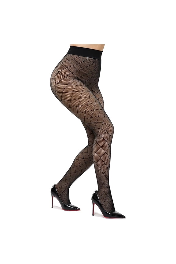 Fleece Lined Warm Fishnet Tights, High Waist Wide Waistband Faux-Sheer Thermal Winter Pantyhose, Thick Fake Translucent Black S-L CHIRRUPY CHIEF