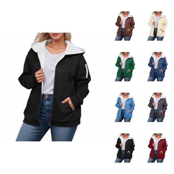 Fleece Lined Warm Jacket Coat for Women 2025 Fall Winter Long Sleeve Zip Up Sweatshirt Hoodie with Pockets Outerwear