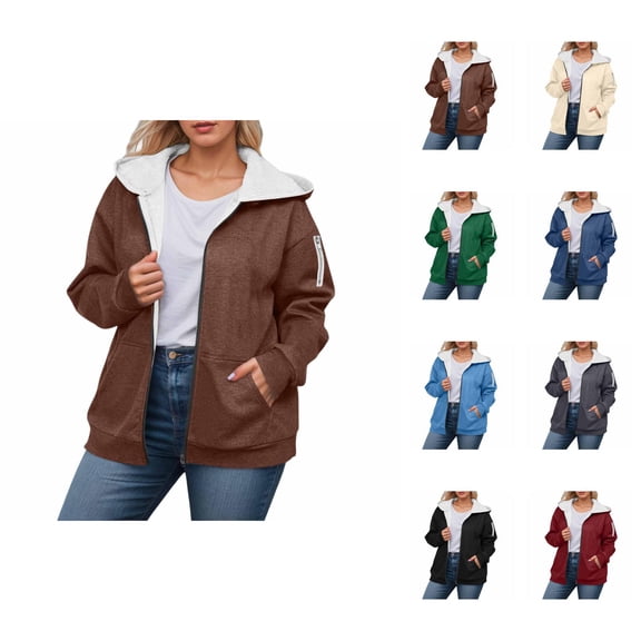 Fleece Lined Warm Jacket Coat for Women 2025 Fall Winter Long Sleeve Zip Up Sweatshirt Hoodie with Pockets Outerwear