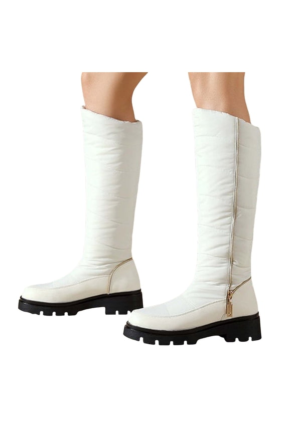 Fleece Lined White Winter Boots for Women Comfortable Warm Down Knee High Boots Slip On Platform Long Combat Booties with Side Zipper Size 8.5