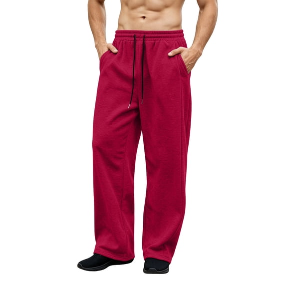 Fleece Lined Wide Leg Pants For Men Elastic Waist Baggy Sweatpants Winter Lounge Red L