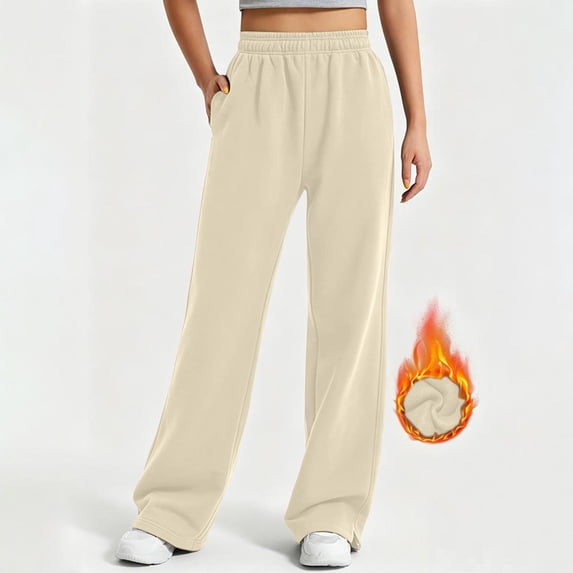 Fleece Lined Wide Leg Sweatpants Women Drawstring High Waist Loose Comfortable Soft Casual Daily Pants with Pockets Beige M