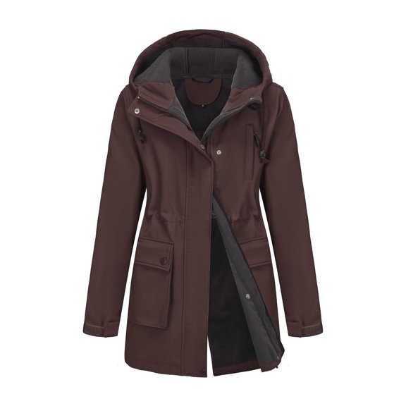 Fleece Lined Winter Coat Womens Long Sleeve Waterproof Hooded Parka Jackets Windbreaker Outdoor Zipper Coats Cold Weather Coffee, 2XL