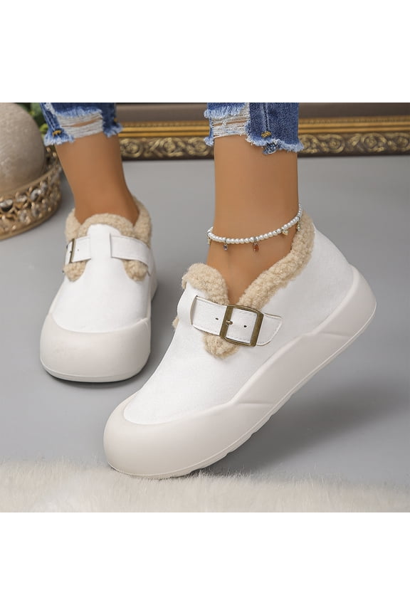 Fleece Lined Winter Shoes, Fleece Lined Suede Platform Loafers Winter Casual Strolling, Adjustable Buckle Strap Thermally Insulated Flats Holiday Travel Wearing, Heavy Duty Cushion Footwear, White 9