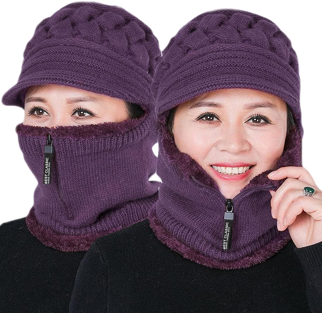 Fleece Lined Womens Beanie Hat, Winter Hat Scarf Mask Set,Women's