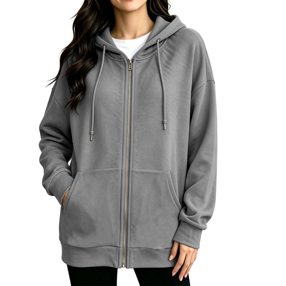 Fleece Lined Zip Hoodie for Women Ghalytn Oversized Jacket - Drawstring Long Sleeve Top with Kangaroo Pocket