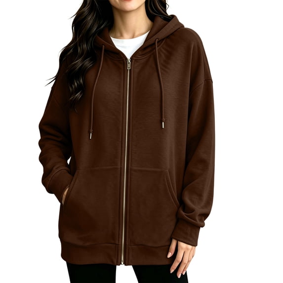 Fleece Lined Zip Hoodie for Women Ghalytn Oversized Jacket - Drawstring Long Sleeve Top with Kangaroo Pocket