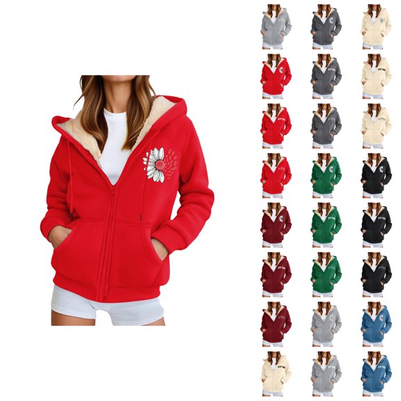 Fleece Lined Zip Up Graphic Sweatshirts for Women Fall Winter Long Sleeve Hooded Sweatshirt Jacket with Pockets