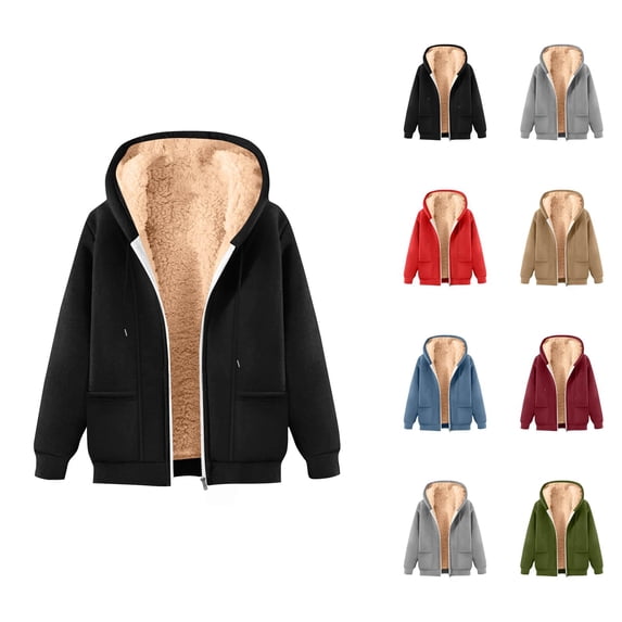 Fleece Lined Zip Up Hoodie for Women 2026 Long Sleeve Trendy Solid Color Hooded Sweatshirt with Pockets Jacket Coat