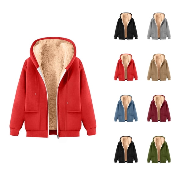Fleece Lined Zip Up Hoodie for Women 2026 Long Sleeve Trendy Solid Color Hooded Sweatshirt with Pockets Jacket Coat