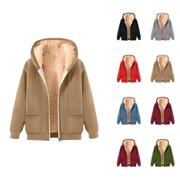 Fleece Lined Zip Up Hoodie for Women 2026 Long Sleeve Trendy Solid Color Hooded Sweatshirt with Pockets Jacket Coat
