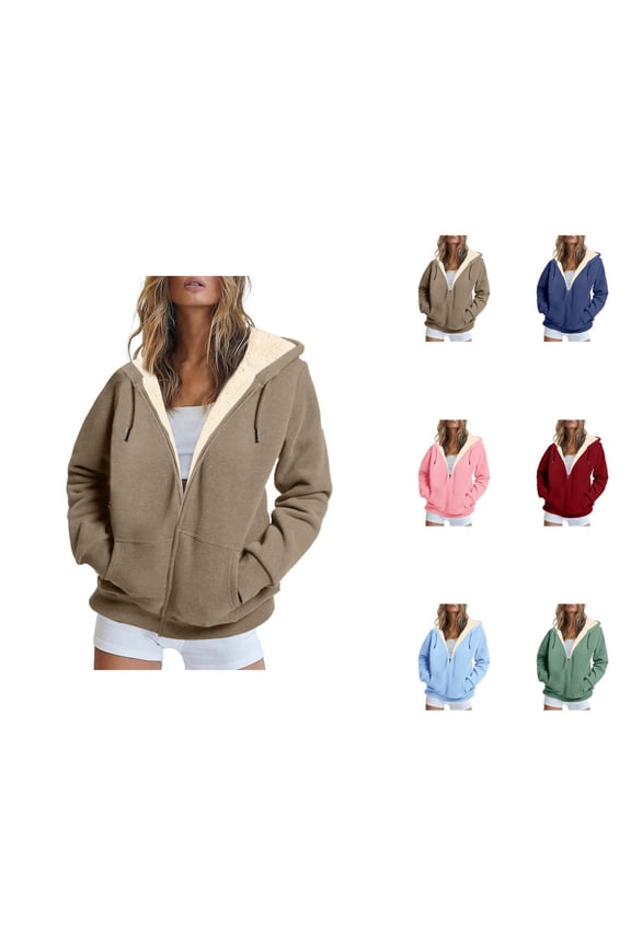 Fleece Lined Zip Up Hoodies for Women 2025 Fall Winter Long Sleeve Plain Basic Hooded Sweatshirt with Pockets Jacket Coat