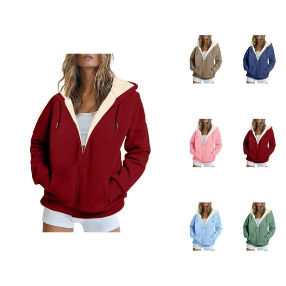 Fleece Lined Zip Up Hoodies for Women 2025 Fall Winter Long Sleeve Plain Basic Hooded Sweatshirt with Pockets Jacket Coat