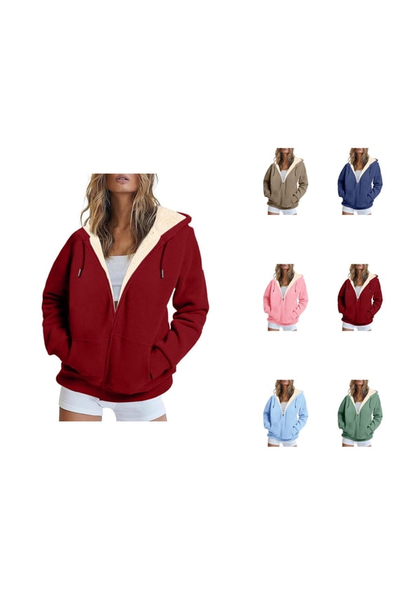 Fleece Lined Zip Up Hoodies for Women 2025 Fall Winter Long Sleeve Plain Basic Hooded Sweatshirt with Pockets Jacket Coat