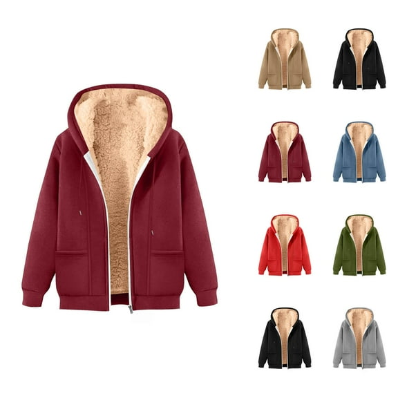 Fleece Lined Zip Up Hoodies for Women Winter Long Sleeve Thick Warm Plain Hooded Sweatshirt Jacket Coat